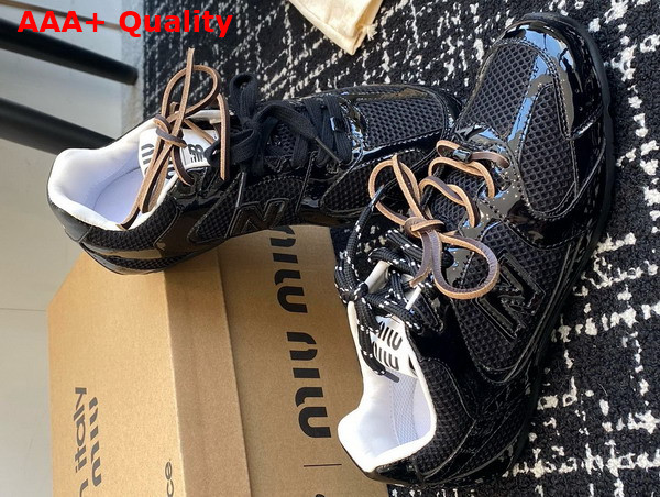 Miu Miu New Balance x Miu Miu 530 SL Patent Leather and Mesh Sneakers in Black 5E165E Replica