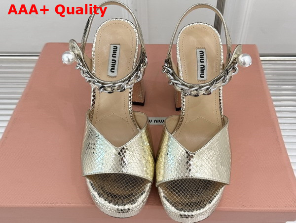 Miu Miu Platform Sandal in Gold Python Leather Replica