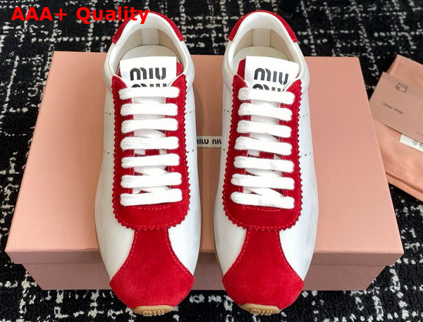 Miu Miu Plume Nappa Leather and Suede Sneakers White and Cerise 5E114E Replica