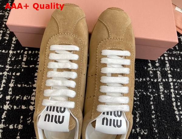 Miu Miu Plume Suede Sneakers in Desert Beige 5E114E Replica