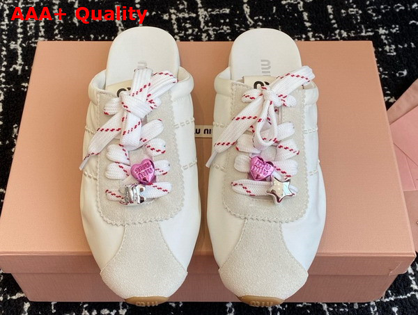 Miu Miu Plume Technical Fabric and Suede Mules in White 5E467E Replica
