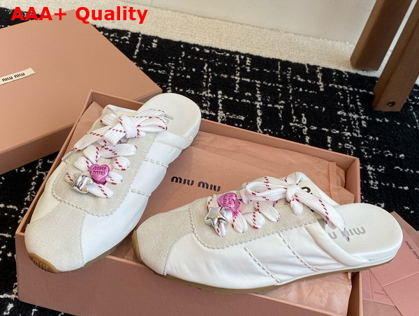 Miu Miu Plume Technical Fabric and Suede Mules in White 5E467E Replica