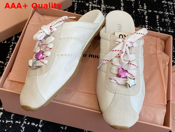 Miu Miu Plume Technical Fabric and Suede Mules in White 5E467E Replica