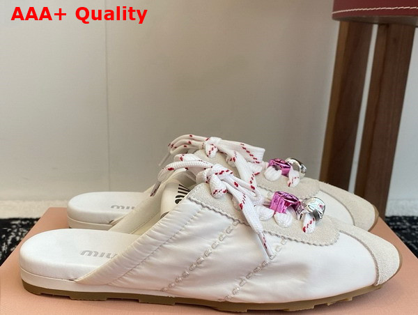 Miu Miu Plume Technical Fabric and Suede Mules in White 5E467E Replica