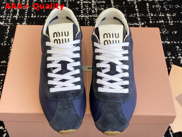 Miu Miu Plume Technical Fabric and Suede Sneakers in Blue 5E114E Replica