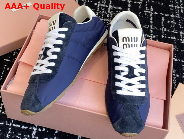 Miu Miu Plume Technical Fabric and Suede Sneakers in Blue 5E114E Replica