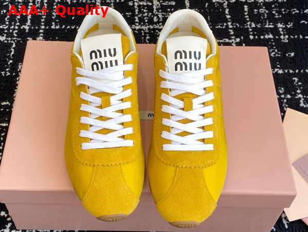 Miu Miu Plume Technical Fabric and Suede Sneakers in Yellow 5E114E Replica