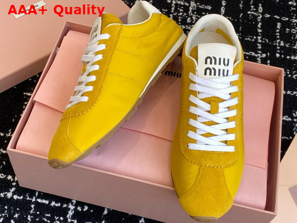 Miu Miu Plume Technical Fabric and Suede Sneakers in Yellow 5E114E Replica