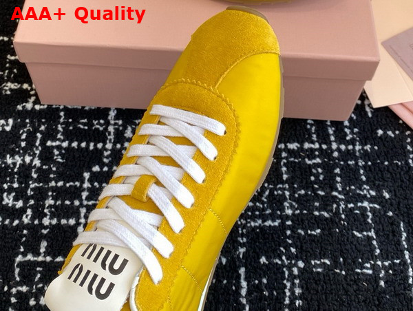 Miu Miu Plume Technical Fabric and Suede Sneakers in Yellow 5E114E Replica