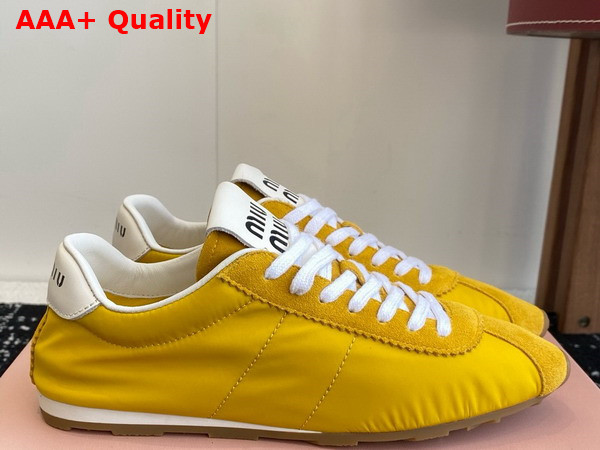 Miu Miu Plume Technical Fabric and Suede Sneakers in Yellow 5E114E Replica