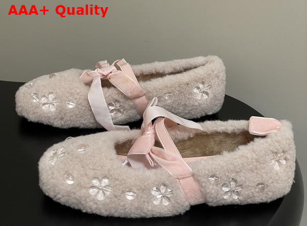 Miu Miu Shearling Ballerina Shoes in Light Pink Shearling Replica