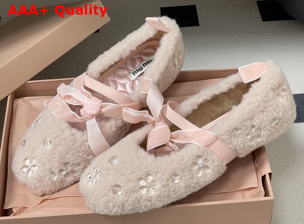 Miu Miu Shearling Ballerina Shoes in Light Pink Shearling Replica