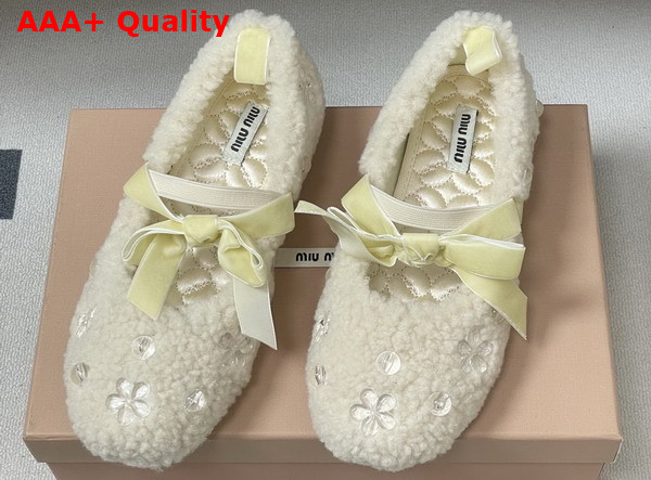 Miu Miu Shearling Ballerina Shoes in Light Yellow Shearling Replica