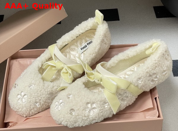 Miu Miu Shearling Ballerina Shoes in Light Yellow Shearling Replica