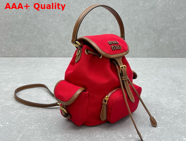 Miu Miu Small Canvas and Leather Backpack in Red and Brandy 5BZ043 Replica