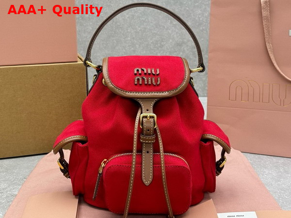 Miu Miu Small Canvas and Leather Backpack in Red and Brandy 5BZ043 Replica