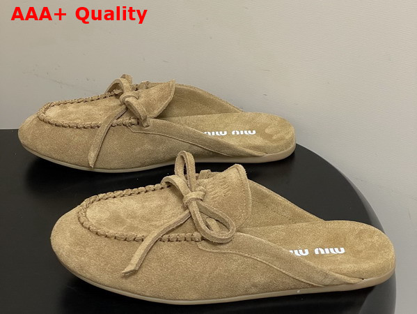 Miu Miu Suede Deck Mules in Camel 5R604E Replica