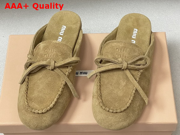 Miu Miu Suede Deck Mules in Camel 5R604E Replica