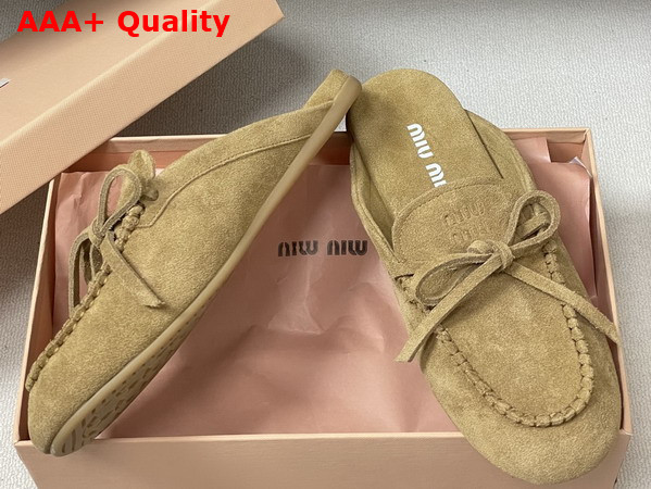 Miu Miu Suede Deck Mules in Camel 5R604E Replica