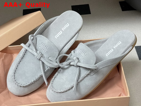Miu Miu Suede Deck Mules in Sky Blue 5R604E Replica