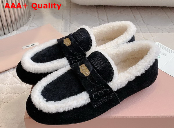 Miu Miu Suede Loafers in Black with Shearling Lining 5D273E Replica