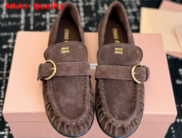 Miu Miu Suede Loafers with Buckle in Dark Brown 5D740E Replica