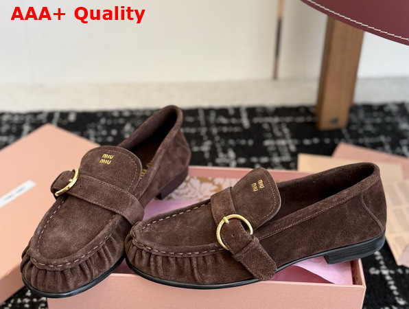 Miu Miu Suede Loafers with Buckle in Dark Brown 5D740E Replica