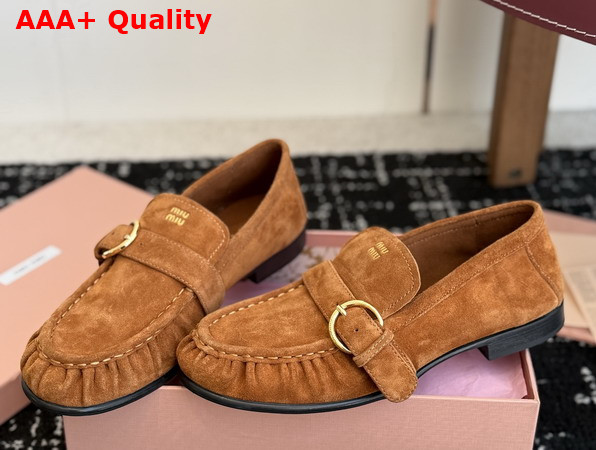 Miu Miu Suede Loafers with Buckle in Oak 5D740E Replica