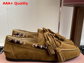 Miu Miu Suede Tassel Loafers in Olive Green 5D518E Replica