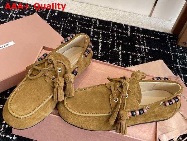 Miu Miu Suede Tassel Loafers in Olive Green 5D518E Replica