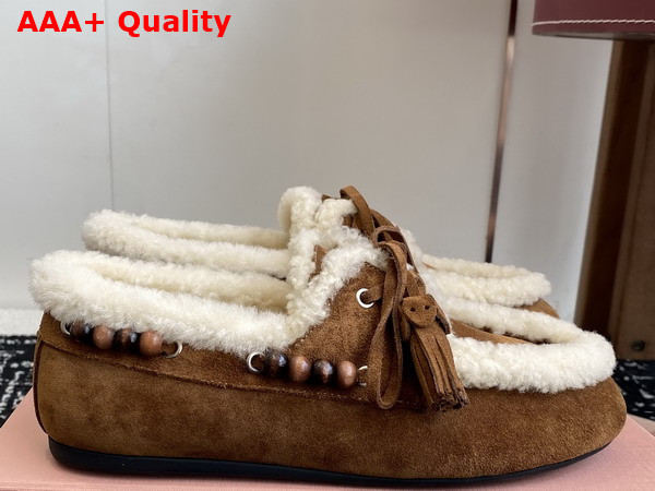 Miu Miu Suede Tassel Loafers with Shearling Lining in Cocoa Brown 5D518E Replica