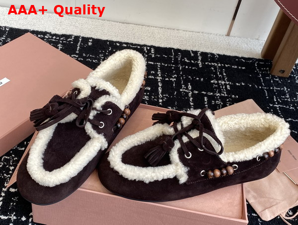Miu Miu Suede Tassel Loafers with Shearling Lining in Dark Brown 5D518E Replica