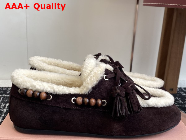 Miu Miu Suede Tassel Loafers with Shearling Lining in Dark Brown 5D518E Replica