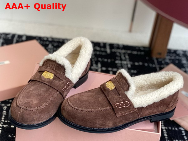 Miu Miu Suede and Shearling Penny Loafers in Cocoa Brown 5D530E Replica