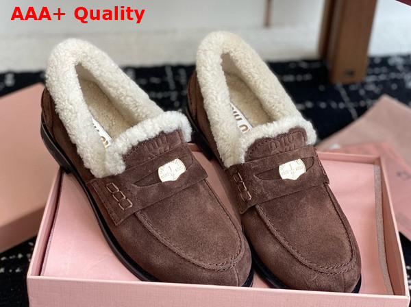 Miu Miu Suede and Shearling Penny Loafers in Cocoa Brown 5D530E Replica