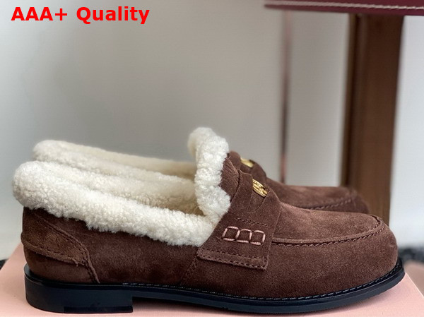Miu Miu Suede and Shearling Penny Loafers in Cocoa Brown 5D530E Replica