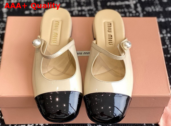 Miu Miu Two Tone Patent Leather Sliper Beige and Black Replica