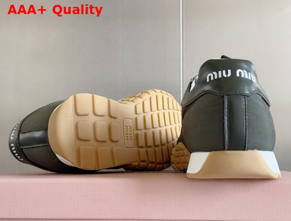 Miu Miu Tyre Technical Fabric and Leather Sneakers in Loden Green 5E417E Replica