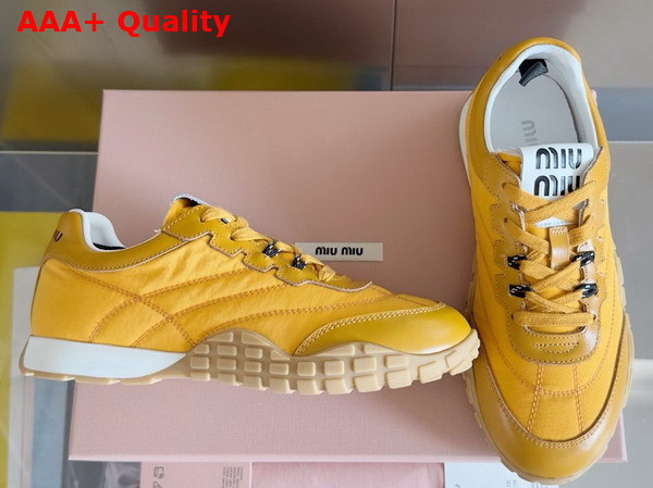 Miu Miu Tyre Technical Fabric and Leather Sneakers in Topaz 5E417E Replica