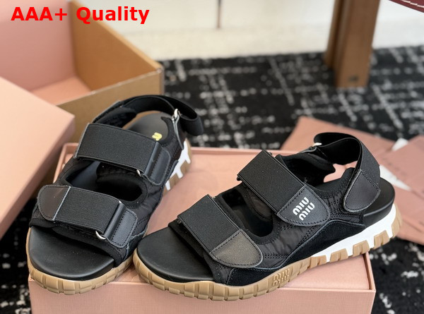 Miu Miu Tyre Technical Fabric and Suede Sandal in Black Replica