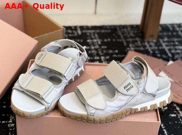 Miu Miu Tyre Technical Fabric and Suede Sandal in Cloudy Gray Replica