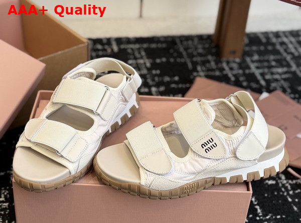 Miu Miu Tyre Technical Fabric and Suede Sandal in Ivory Replica