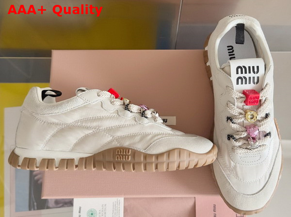 Miu Miu Tyre Technical Fabric and Suede Sneakers in Ivory 5E417E Replica
