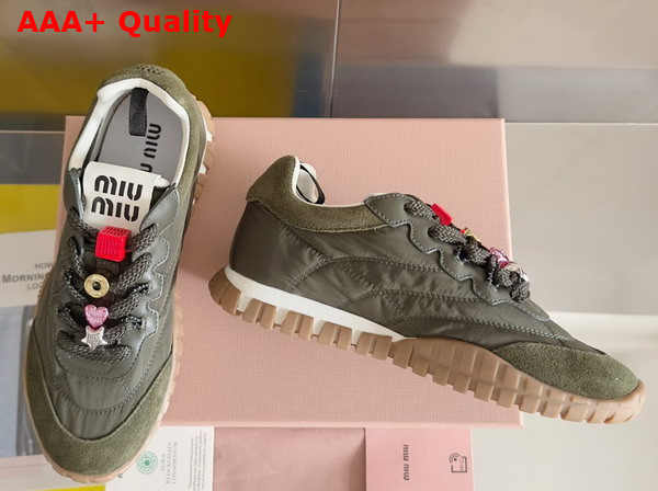 Miu Miu Tyre Technical Fabric and Suede Sneakers in Loden Green 5E417E Replica