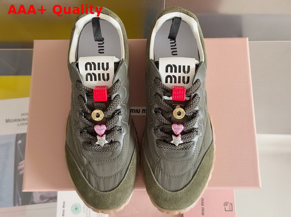 Miu Miu Tyre Technical Fabric and Suede Sneakers in Loden Green 5E417E Replica