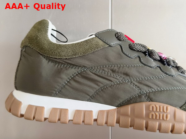 Miu Miu Tyre Technical Fabric and Suede Sneakers in Loden Green 5E417E Replica