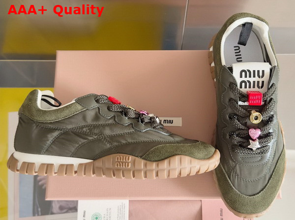 Miu Miu Tyre Technical Fabric and Suede Sneakers in Loden Green 5E417E Replica