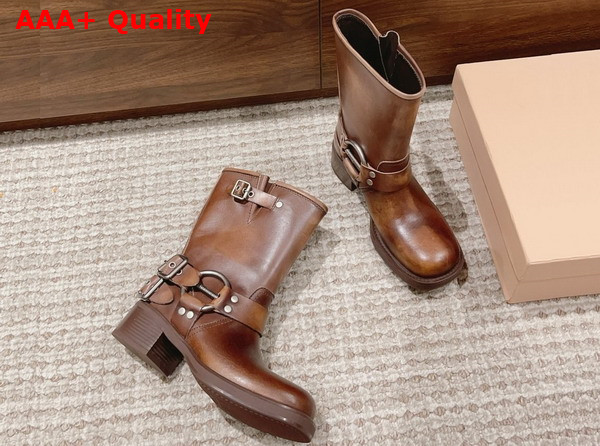 Miu Miu Vintage Look Leather Booties in Sienna Replica