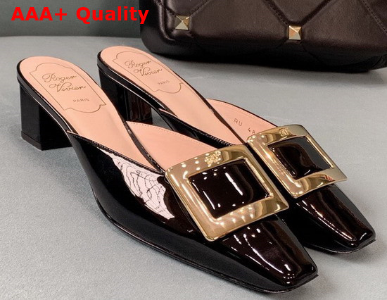 Roger Vivier Belle Vivier Metal Buckle Mules in Patent Leather Black Replica