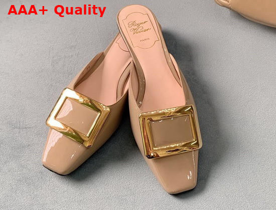 Roger Vivier Belle Vivier Metal Buckle Mules in Patent Leather Nude Replica